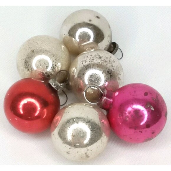 MCM Christmas Ornament Set Of 6 Feather Tree Pink Silver Glass Shiny Brite 1950s - Picture 1 of 6